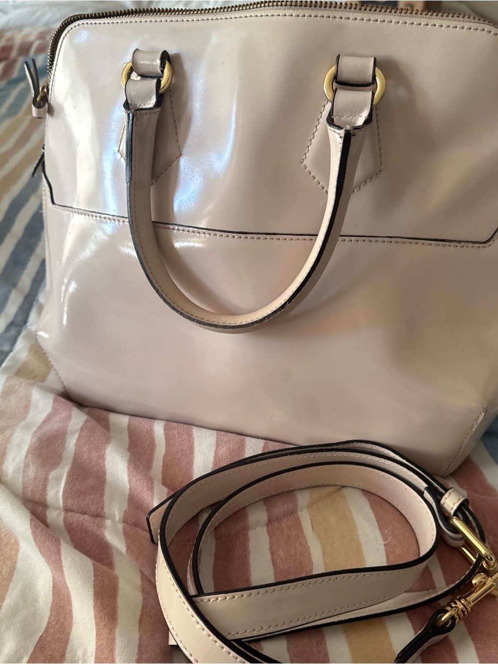 Women's Cream Leather Tote with Removable Strap